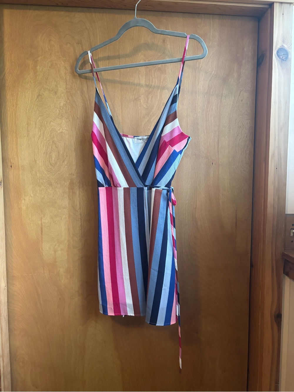 Striped Wrap Mini Dress in Pink, Blue, Brown